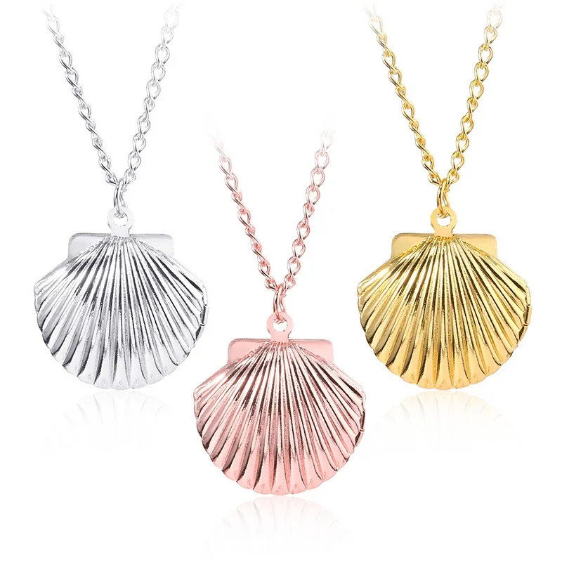 Seashell Stainless Steel Photo Box Locket Pendant Necklace for Women Men Memory Picture Frame Charms Chain Metal Jewelry
