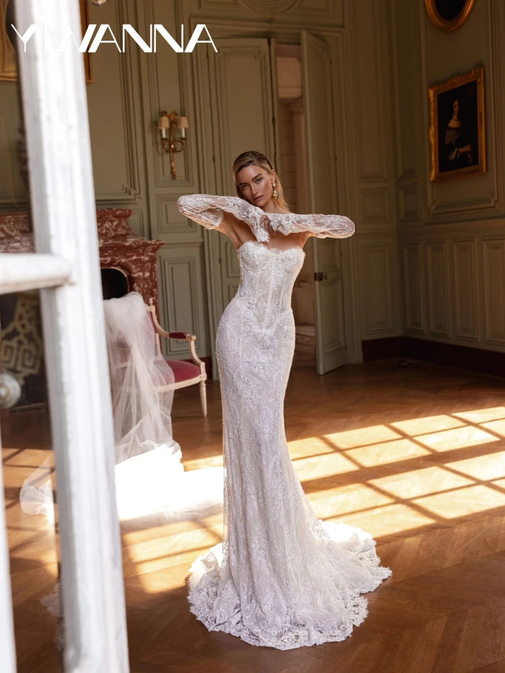 

Detachable Sleeve Beaded Wedding Dress New Elegant Strapless Mermaid Bridal Gown Customized Stunning Backless Dresses For Bride