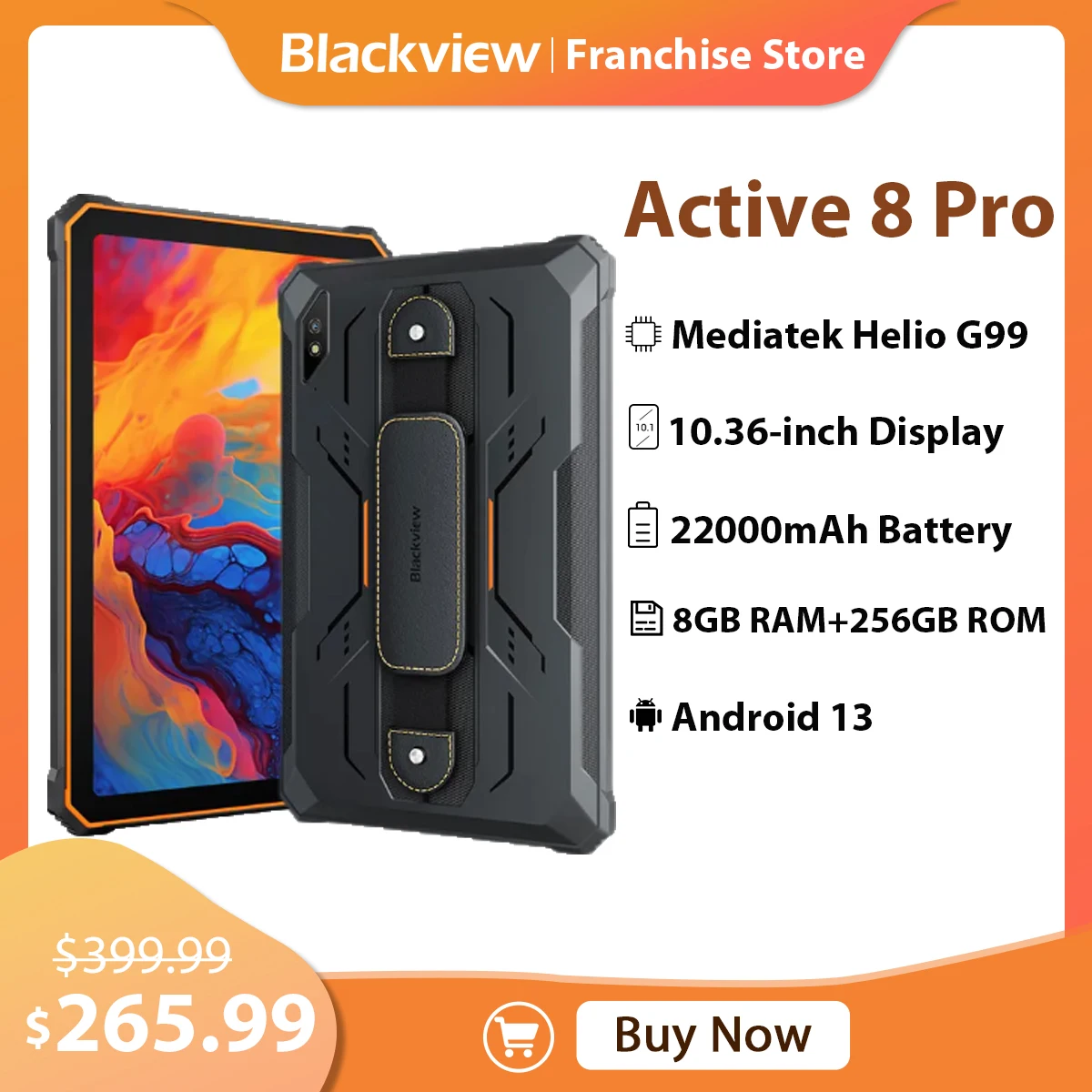 Прочный планшет Blackview Active 8 Pro, 10,36-дюймовый дисплей 1200*2000 FHD + IPS, 8 ГБ, 256 ГБ, 16 МП + 48 МП, 22000 мАч, 33 Вт, ПК с быстрой зарядкой