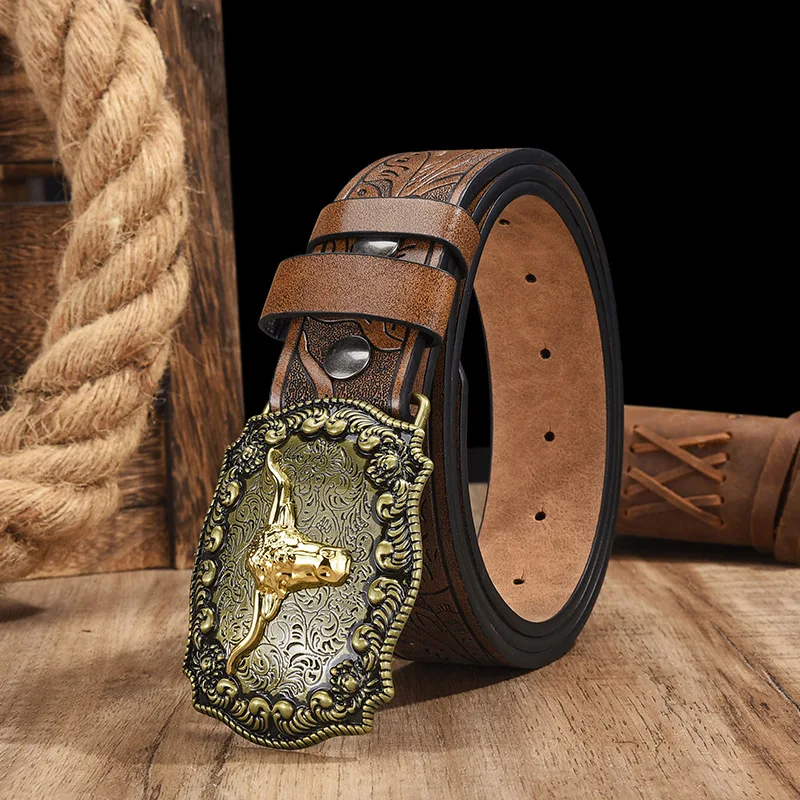 Men's and Women's Clothing — Western Cowboy Style PU Leather Belt — Vintage Belt with Printed Buckle for Jeans view 4
