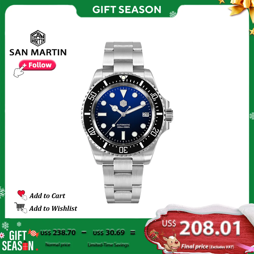 San Martin 40mm Luxury Diving Watch Stainless Steel Waterproof Automatic Mechanical Watches for Men Sapphire 30Bar Lumen SN0111