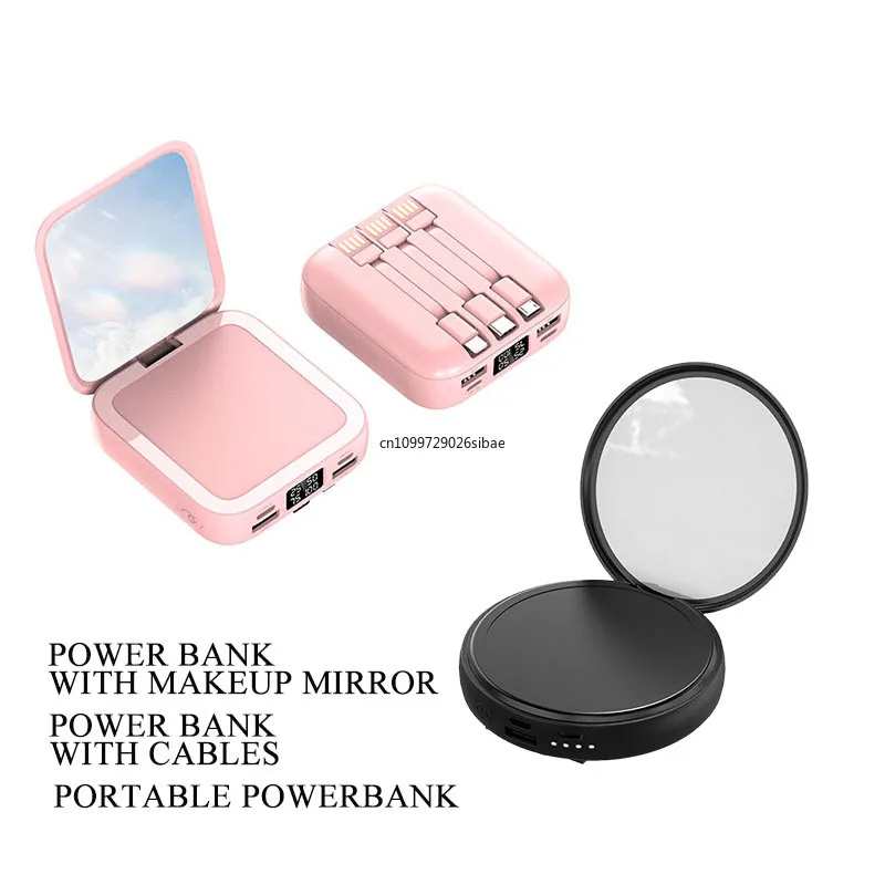 20000mAh Mini Power Bank Fast Charging with Makeup Mirror Built in Detachable Cable External Battery Charger for Mobile Phones