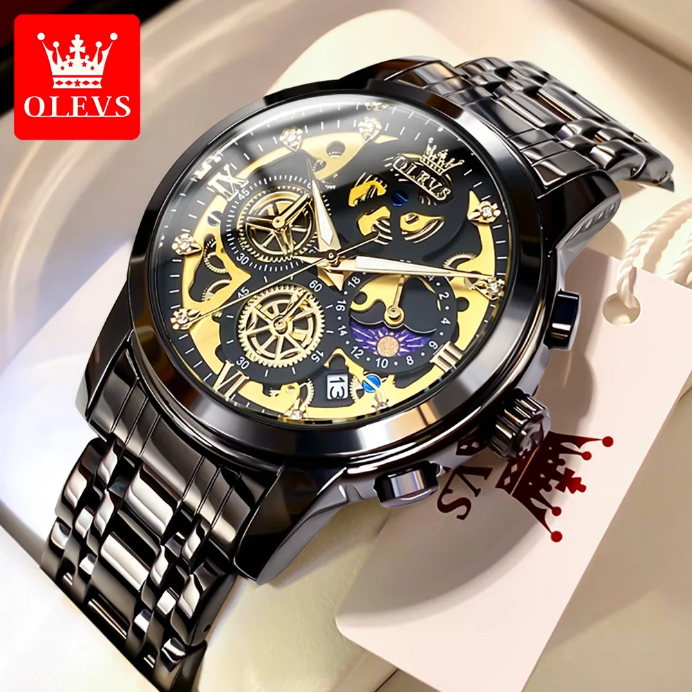 OLEVS 9947 Men Watch Luxury Brand Quartz Watch Stainless Steel Waterproof Skeleton Style 24-hour Day Night Sports Men's Clock