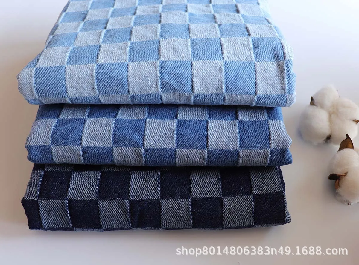 

10oz Pure Cotton Plaid Washed Denim Fabric Denim Fabric Blue Plaid Cloth