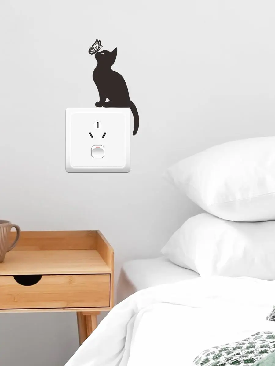 Black Cat And Butterfly Vinyl Wall Sticker For Light Switch, Home Decor Accent, Minimalist Bedroom Living Room Decoration