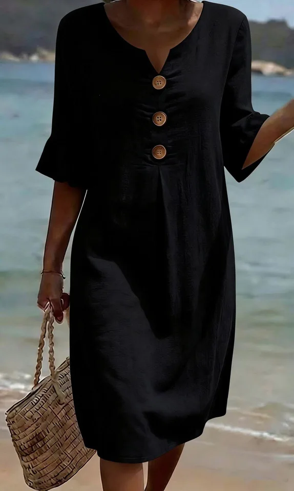 Vestido de lino y algodón para primavera y verano 2026, escote en V con botones grandes y volantes, estilo europeo y americano para venta transfronteriza 4