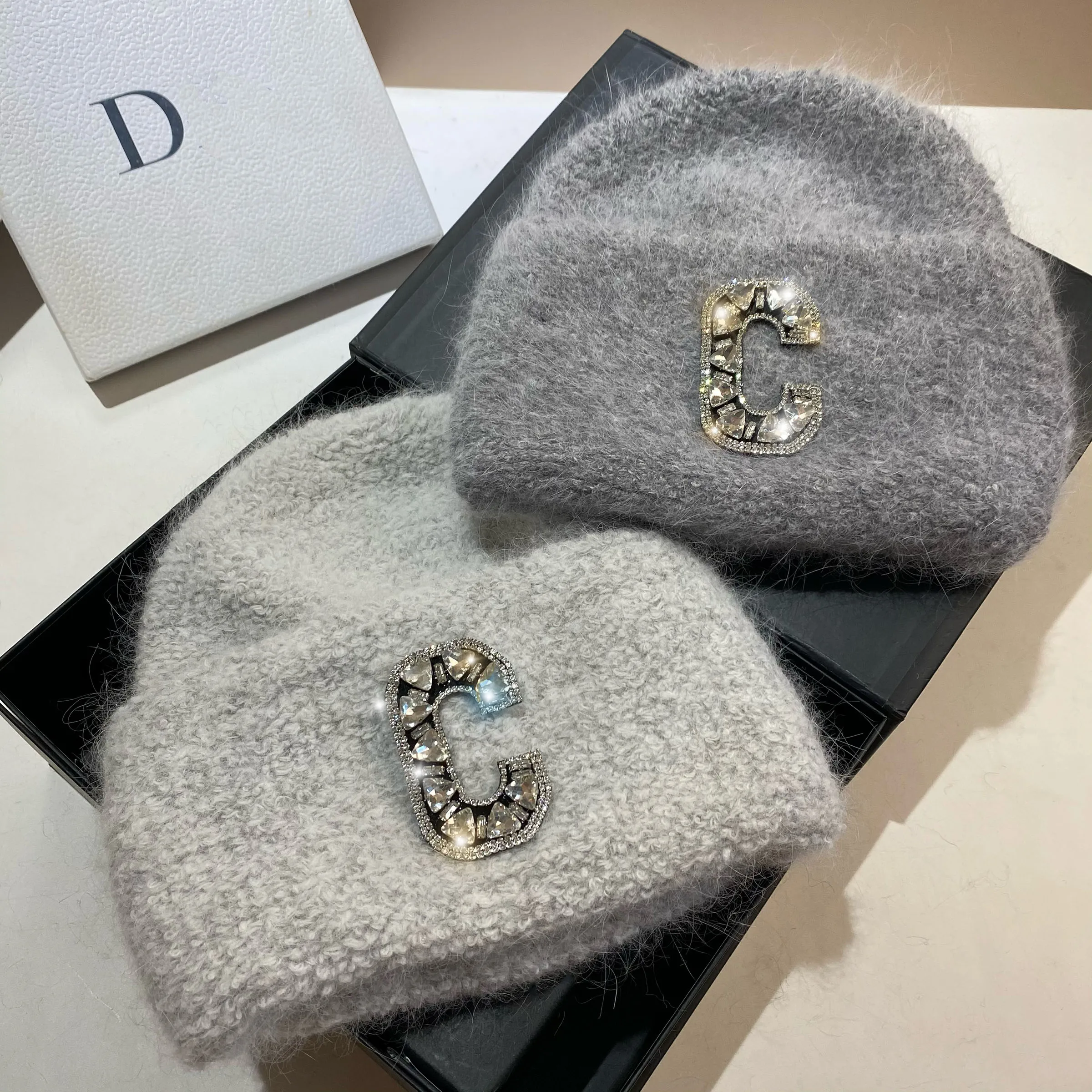 Heavy Industry Rhinestone C Letter Rabbit Fur Knitted Hat Winter Nordic Warmth Thickened Double Folded Ear Protective Wool Hat