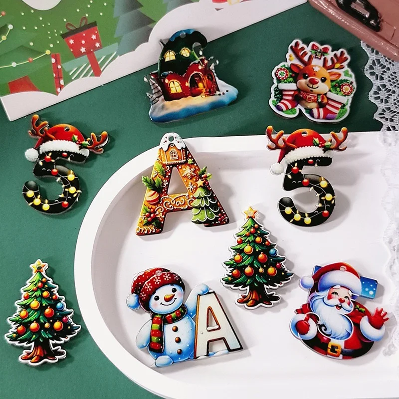 Christmas style 50pcs/lot color pattern print cartoon Santa Claus tree shape acrylic beads diy jewelry garment accessory