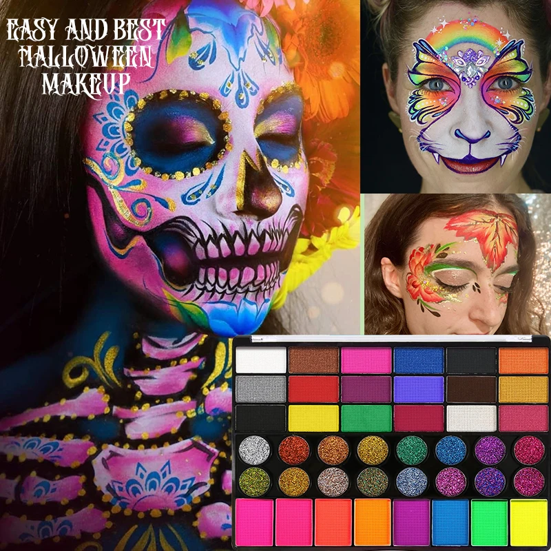 42色フェイスボディペイントパレットセット、UVグロー蛍光ネオンフェイスボディアートペイントグリッターボディペイントメイクアップ、フェスティバル用