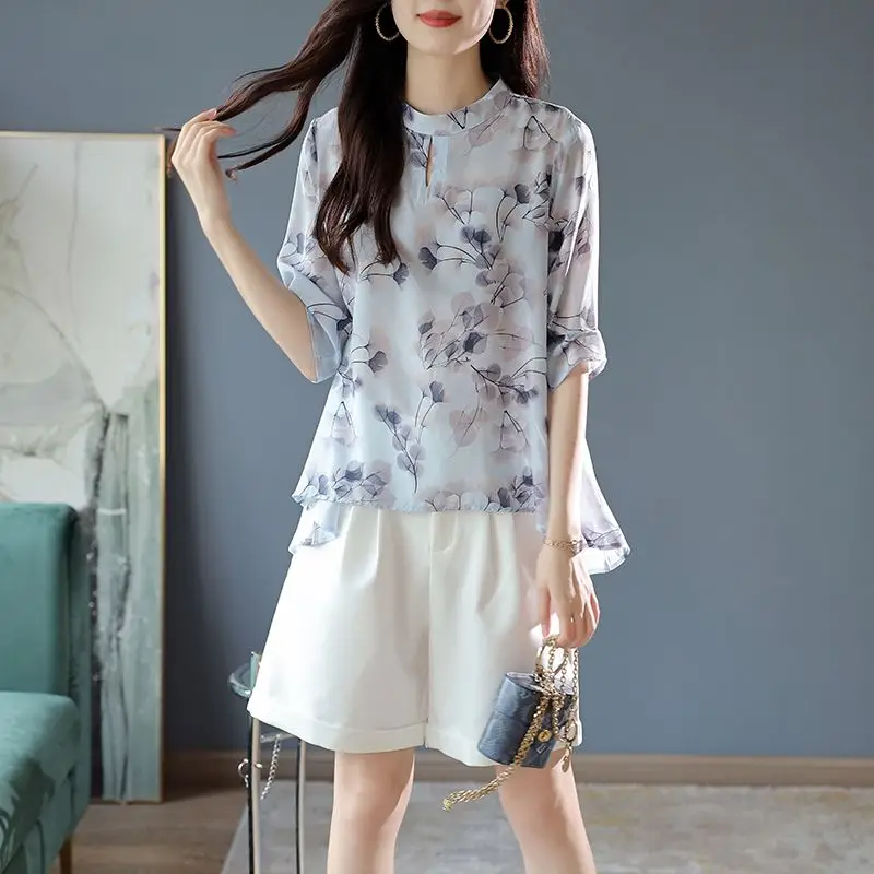 Women Summer Chinese Style Printing Loose Elegant O-neck 3/4 Sleeve Chiffon Shirts Women Clothes Casual Appear Thin Trend Tops