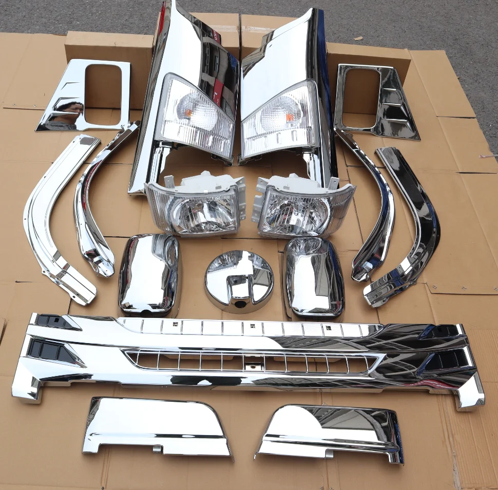 

STLF1Set Chromed Truck Body Parts Kit Headlight Wheel Eyebrow Grill Rear MirrorCover Headlamp Headlight Included for Isuzu NPR