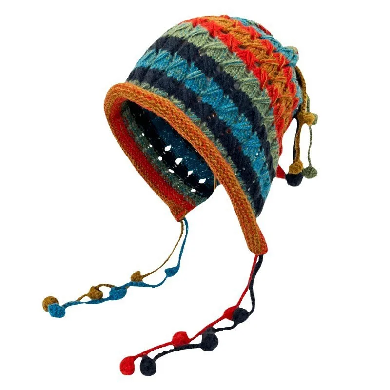 Korean fashion designer handmade crochet colored ball yarn hat for children\'s autumn and winter tie tassel pullover cold hat