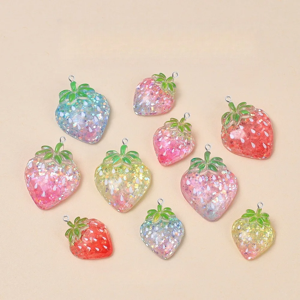 10Pcs Glitter Big Small Strawberry Flat Back Resin Pendants For DIY Jewelry Making Earrings Necklaces Keychain Making Materials