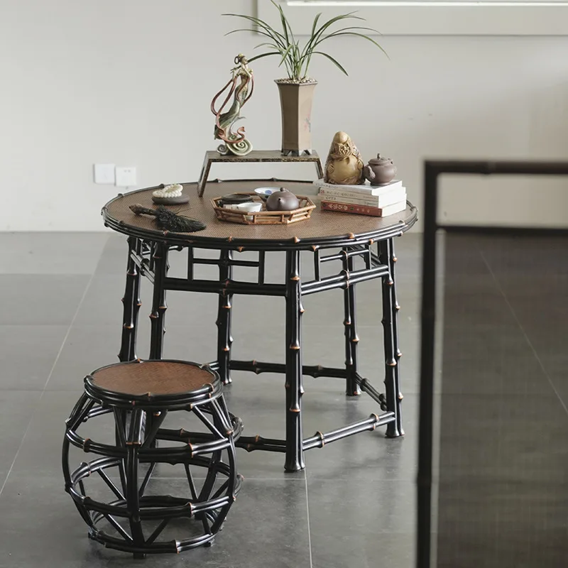 New Chinese style antique round coffee table tea table, bamboo fine noodles household balcony tea table