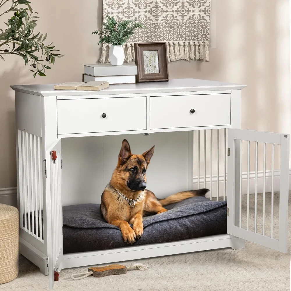 

44 Inch Large Dog Crate Furniture, Wooden Dog Kennel End Table with Storage Drawers, Decorative Pet Crates Dog House Indoor