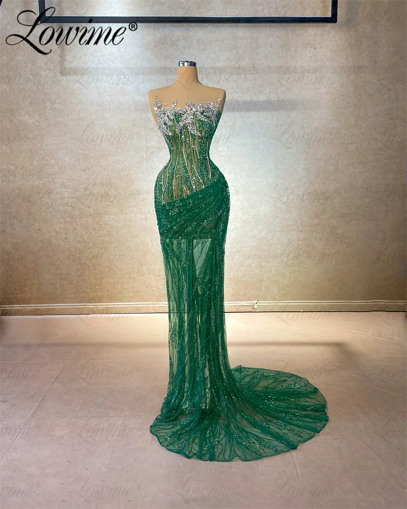 New Arrival See Through Beads Sequined Prom Dresses 2024 Green Mermaid Long Wedding Party Dress Robe Custom Made Silver Crystals