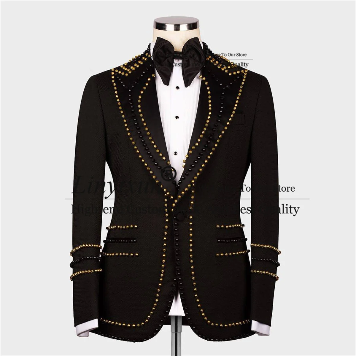 

Black with Gold Pearl Bead Tuxedos Business Men Suit 3 Pieces Sets Groom Wedding Prom Blazers Slim Fit Terno Masculino Completo