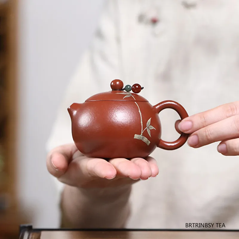 Chinese Yixing Purple Clay Teapot Bamboo Leaf Xishi Tea Pot Handmade Beauty Tea Infuser Kettle Zisha Teaware Tea Ceremony 110ml