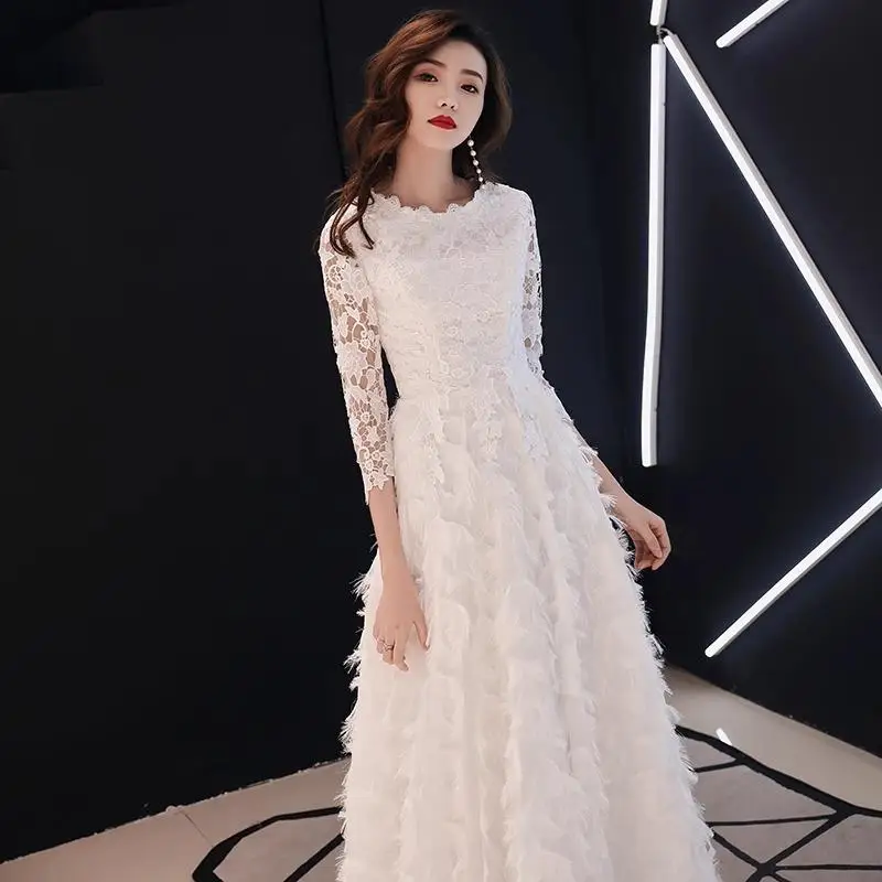 

Белое кружевное вечернее платье, новинка 2025, для выступления банкетного хора, свадебное платье с высокой талией, китайский производитель