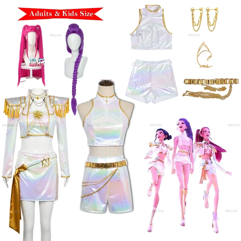 

Размер для взрослых и детей Laser Mira HUntrix kpop demon Hunter Rumi Косплей Сценическая форма Одежда на Хэллоуин для девочек Блестящий наряд Костюм Парик