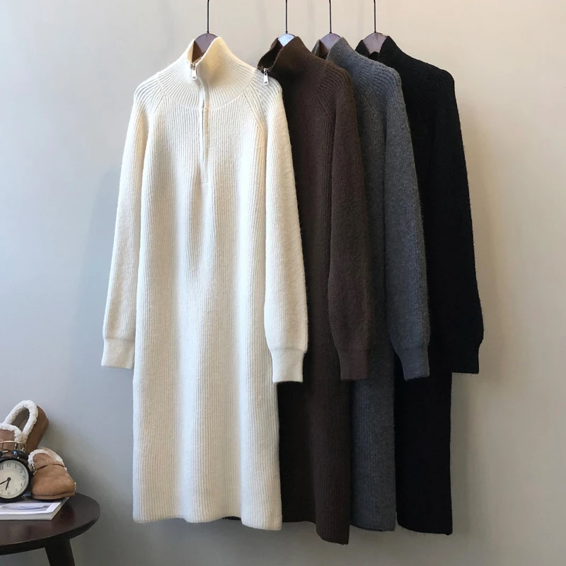 Casual Thicken Turtleneck Zippers Women Knitted Dress 2023 Autumn Winter Long Sleeve Female Sweater Dress