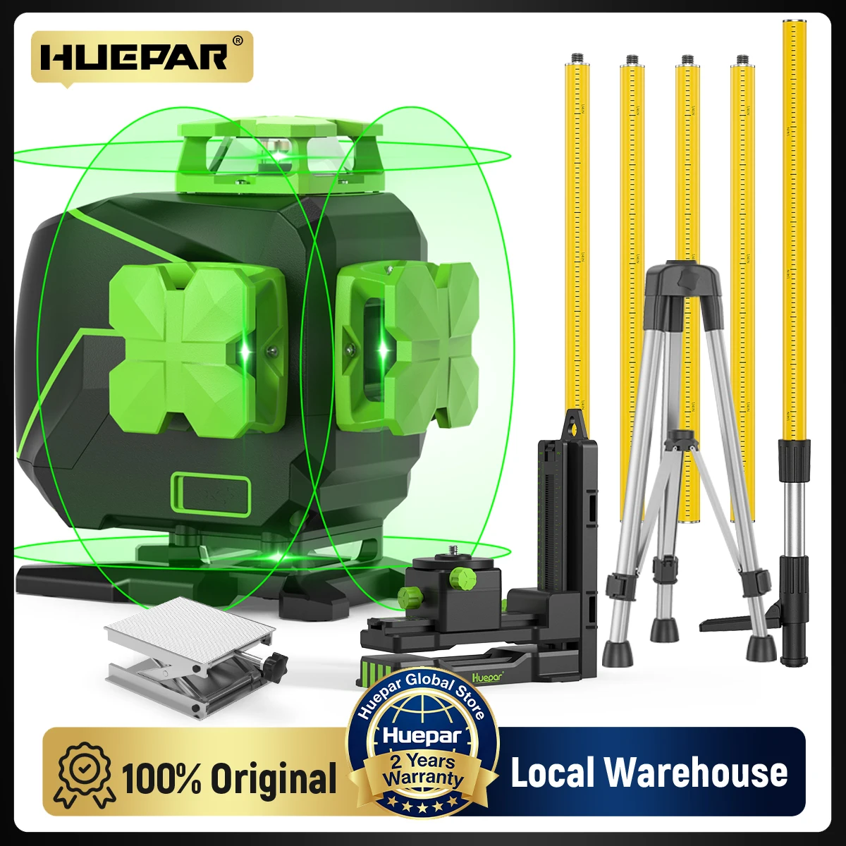 Huepar-Niveau Laser 4D 16 Lignes, 360 °, Croix Horizontale et Verticale, Lignes Vertes, Mesure existent, Faisceau Laser Vert