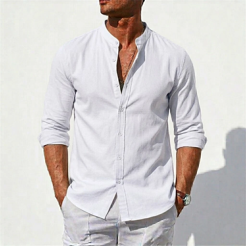Men's Long Sleeve Shirt Linen TShirt Beach Hawaiian Cotton T-Shirts Summer Solid Work Shirts Button Down Collar Luxury Gym Man