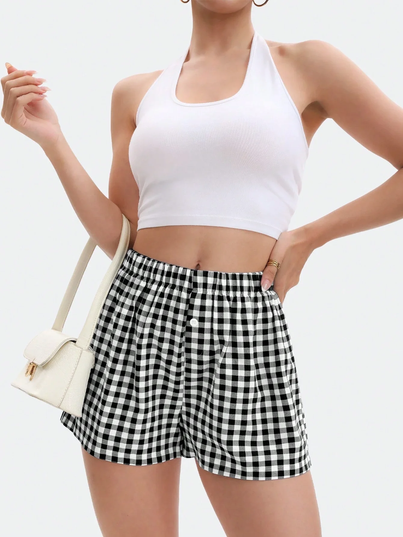 Womens Gingham Plaid Shorts Casual Lounge Sleep Beach Style