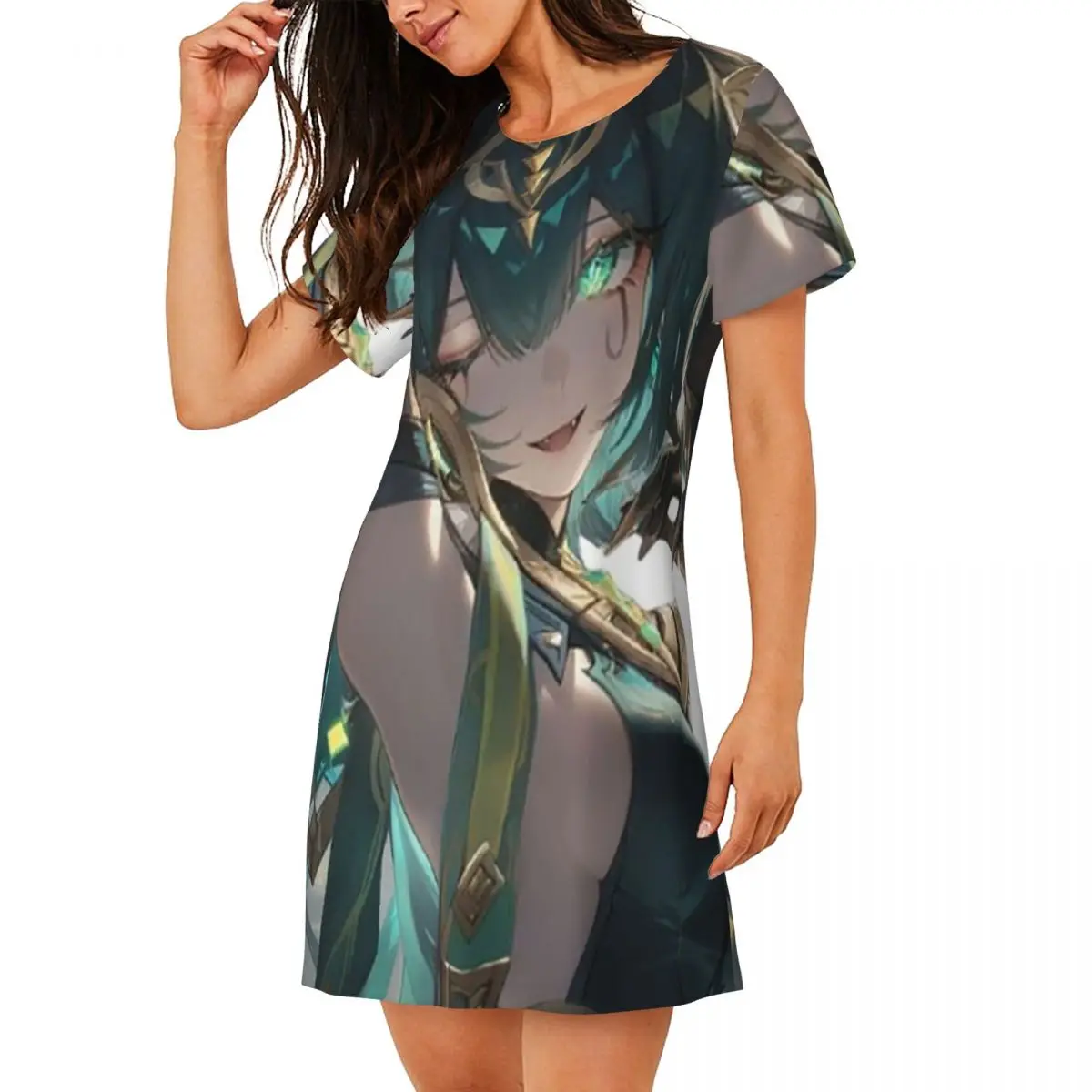 Custom Genshin Impact Nefer Armpit Leak Short Sleeves Nightdress For Sleeping Women Short Sleeve Nightgowns Loose Pajama Dress