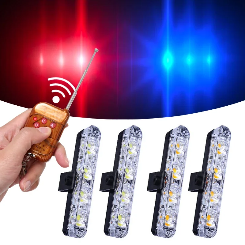 4szt LED Grill Światło samochodowe Stroboskop Czerwony Niebieski Awaryjne zdalne sterowanie bezprzewodowe Sygnał błyskowy Strażak Lampa ostrzegawcza z pilotem