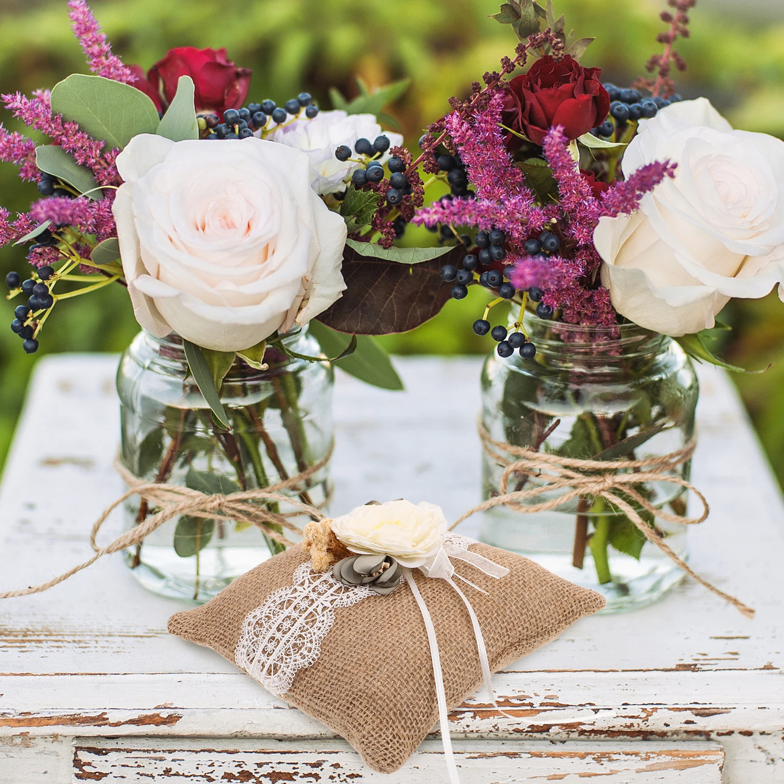 

Vintage Burlap Lace Wedding Ring Pillow Rustic Linen Bridal Cushion Engagement Proposal Ceremony Photography Prop Soft