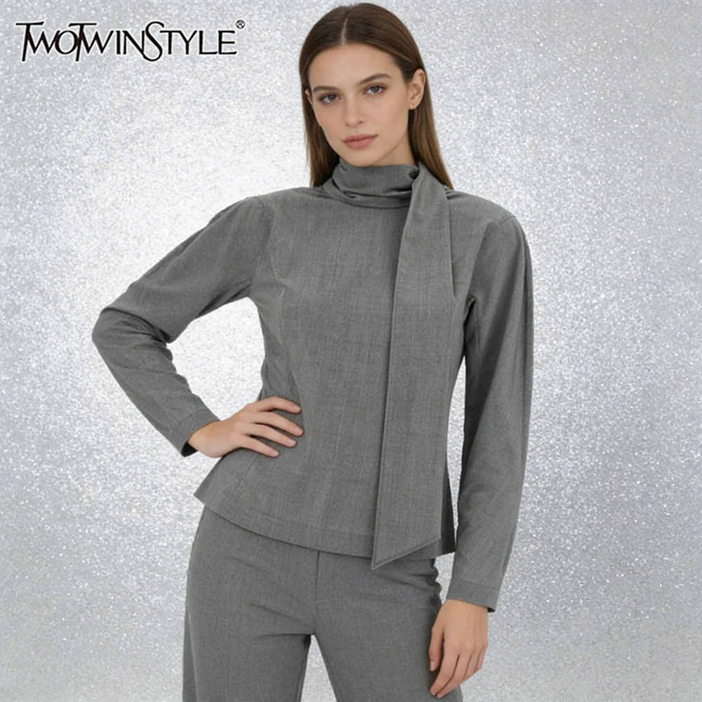 TWOTWINSTYLE Effen Gesplitst Lint Minimalistische Blouses voor Vrouwen Stand Hals Lange Mouwen Backless Tuniek Blouse Vrouwelijke Kleding Nieuwe