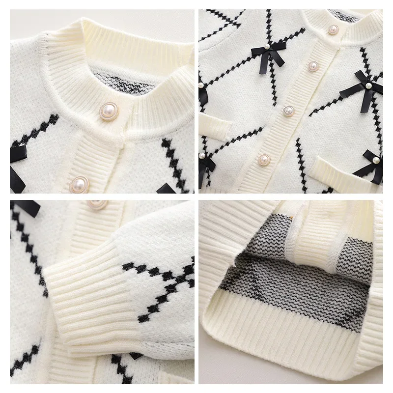 Girls Sweater Suit 2023 Autumn and Winter New Bow Cardigan Top Knitted Two-Piece Korean Style 3 Wide Leg Pants 2