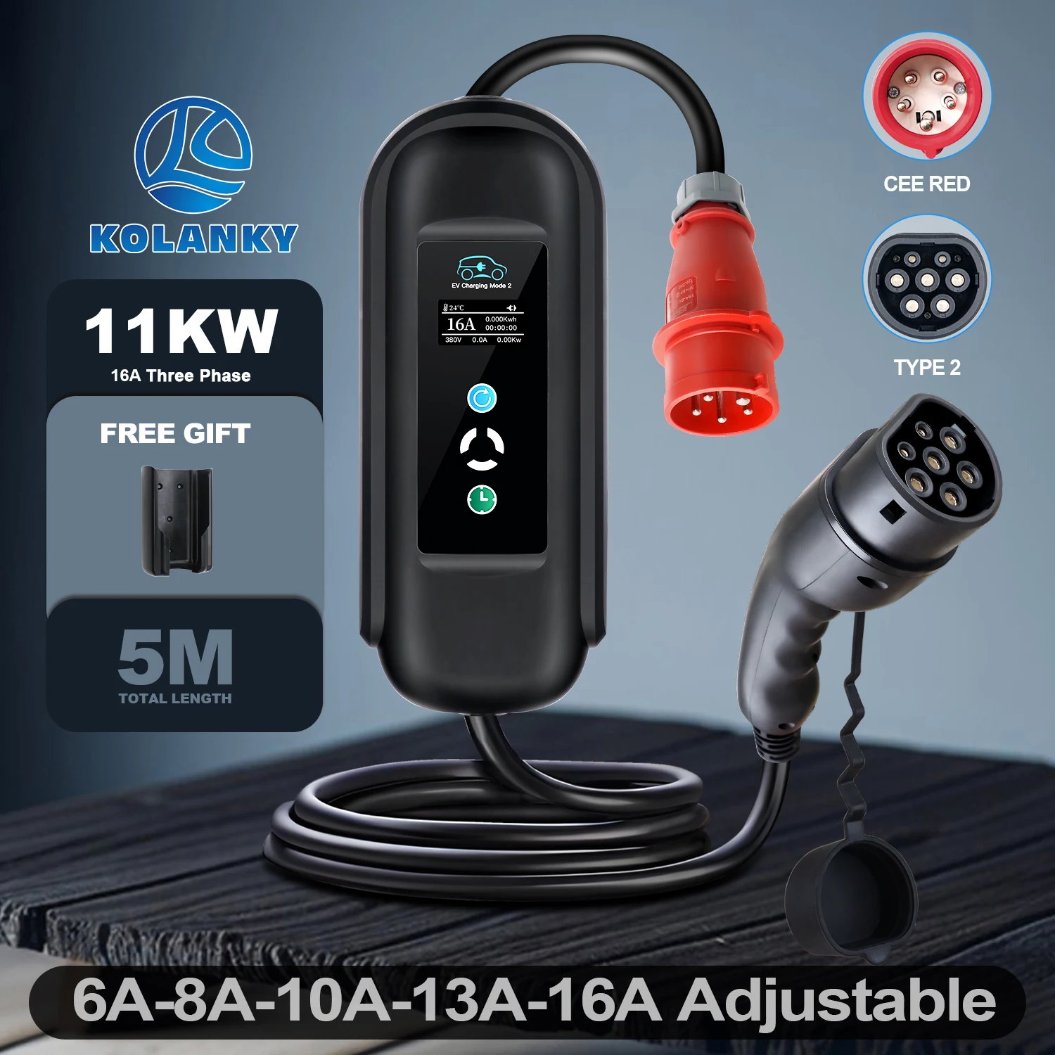 

Kolanky 11 кВт Портативное зарядное устройство для электромобилей Type 2 16A 3P Wallbox EV Зарядное устройство для электромобилей EU Type2 с красной вилкой CEE