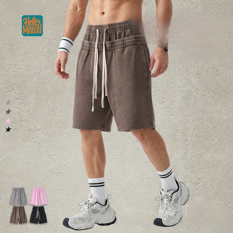 HELLOMARCEL Luxury Quality Double Waist Sweat Shorts European American 320g Heavyweight Distressed Snow-Washed Men Shorts