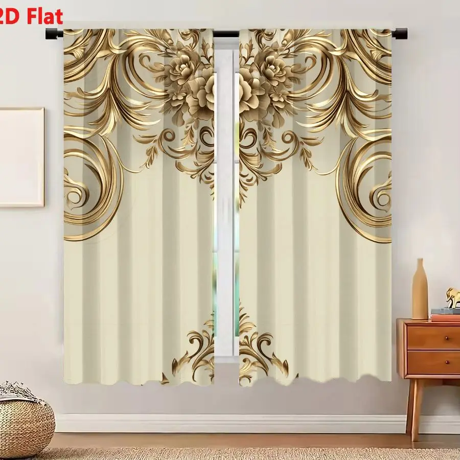 2Pcs Curtains Add 2D Flat Elegant Ornate Golden Baroque Floral Pattern On Beige Background Window Drapes for Bedroom Room Decor
