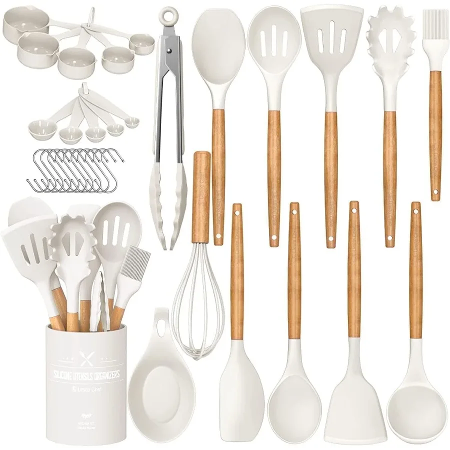 

Kitchen Cooking Utensils Set, 33 pcs Non-stick Silicone Cooking Kitchen Utensils Spatula Set with Holder, Wooden Handle Silicon