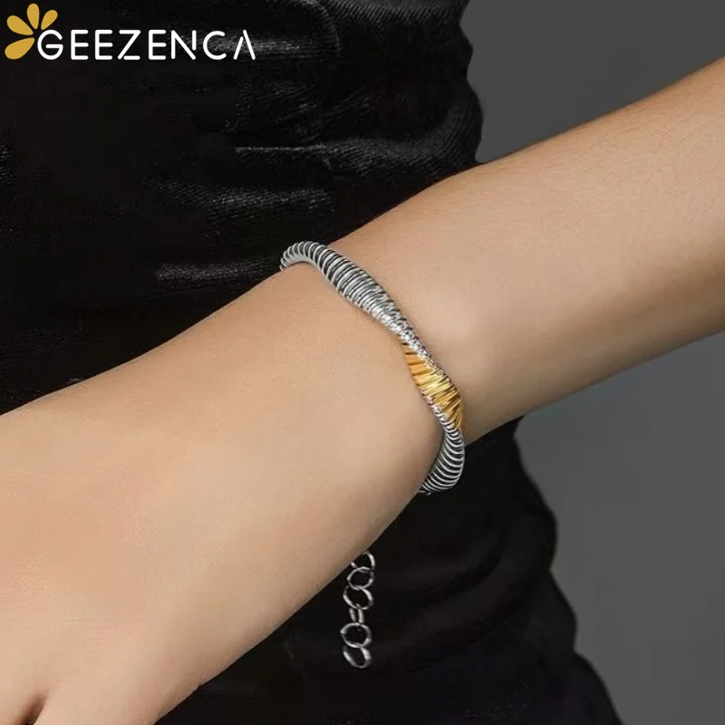 GEEZENCA 925 Silver Two Tone Stripe Wavy Twisted Jewelry Sets With Bracelet and Necklace For Women Gift Party