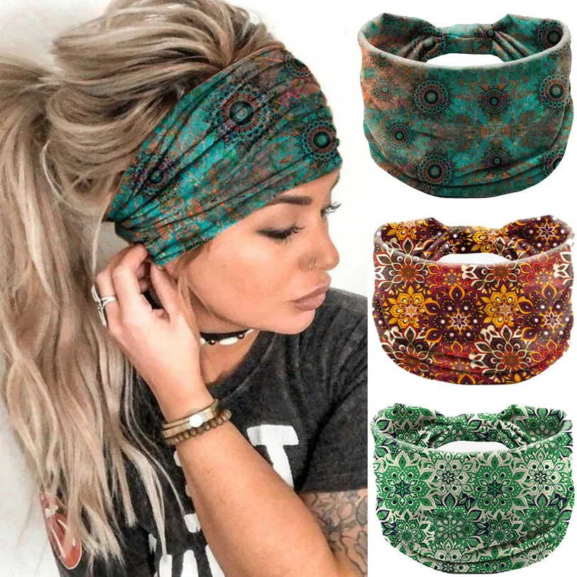 Headbands de algodão largo Stretch para mulheres, Bohemia Headpiece, Head Wrap, Headwear turbante, Elastic Hair Bands, Turbante esportivo