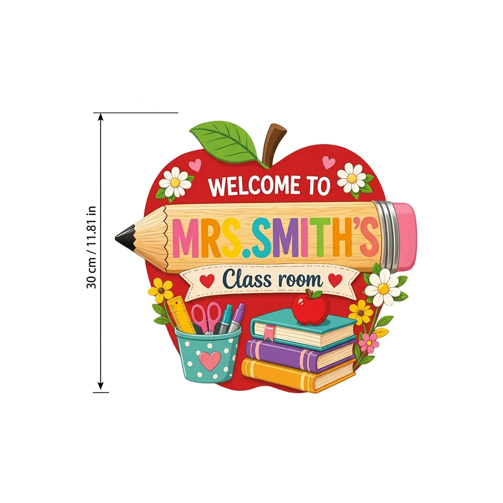 Personalized Custom Name Apple Theme Welcome Hanging Sign,2D Printed Woodn Teacher Door Plaque,Back‑to‑School,Teacher’s Day