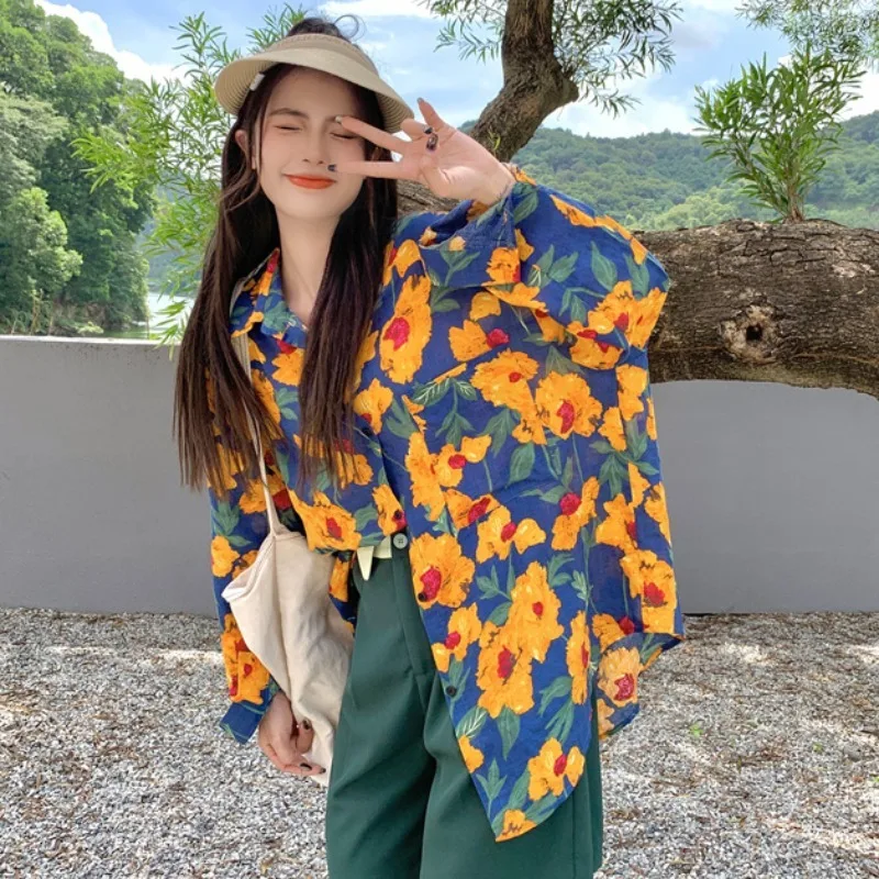 Autumn Floral Shirt For Women Blouses Casual Vintage Long Sleeve Loose Fit Chic Floral Blouse Single-Breasted Ladies Blusas