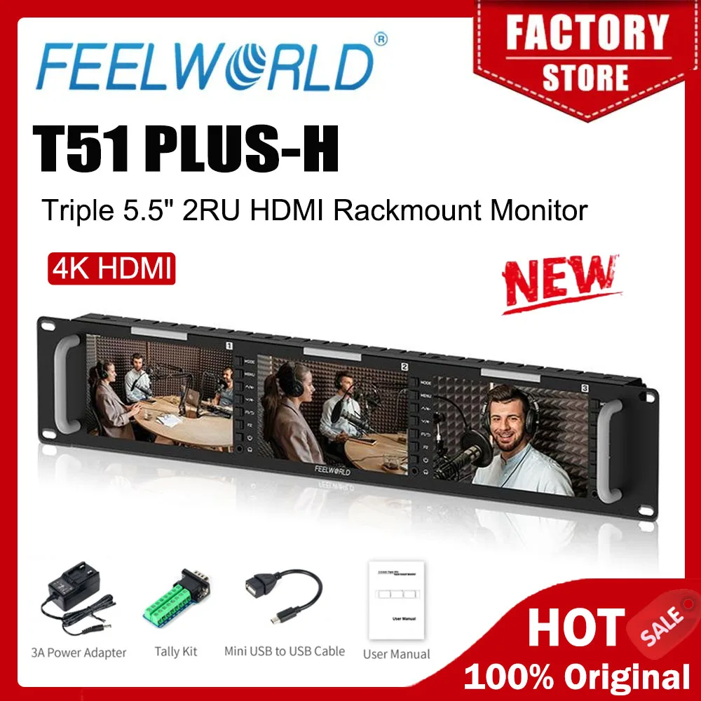 FEELWORLD T51 PLUS-H Triple 5.5-inch 2RU Rack mounted Display Full HD 4KHMI AV Input and Output 1920x1080 Pixels