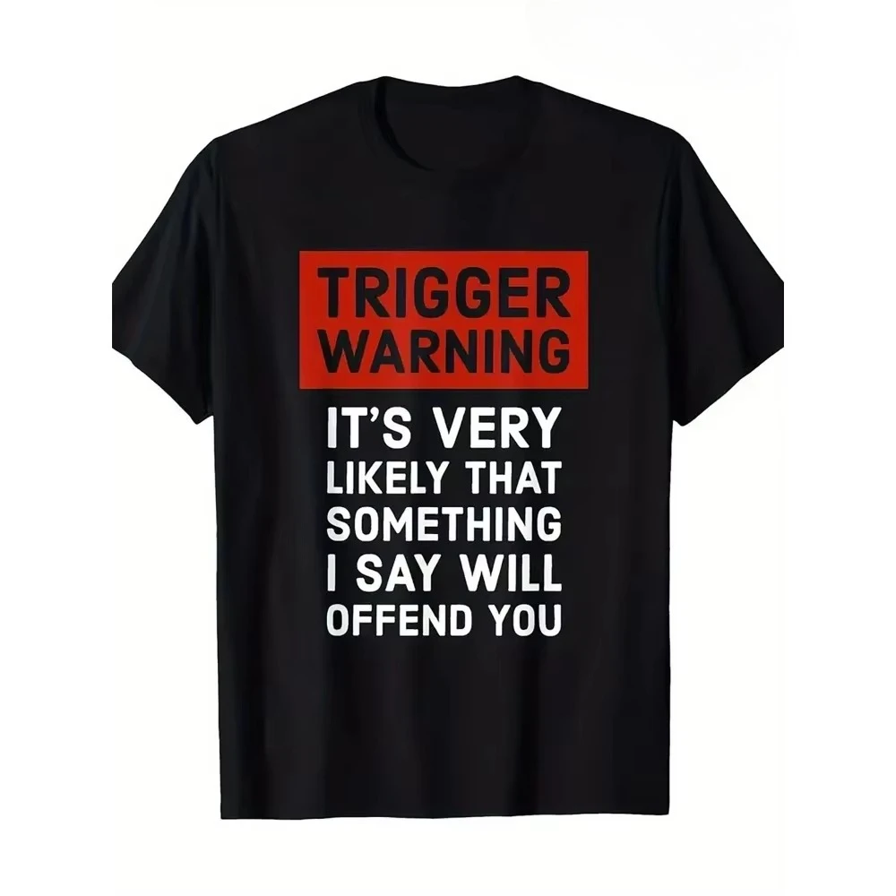 Loose Crew Neck Cotton T-shirt, Sarcasm Warning Slogan Plus Size Streetwear Tee