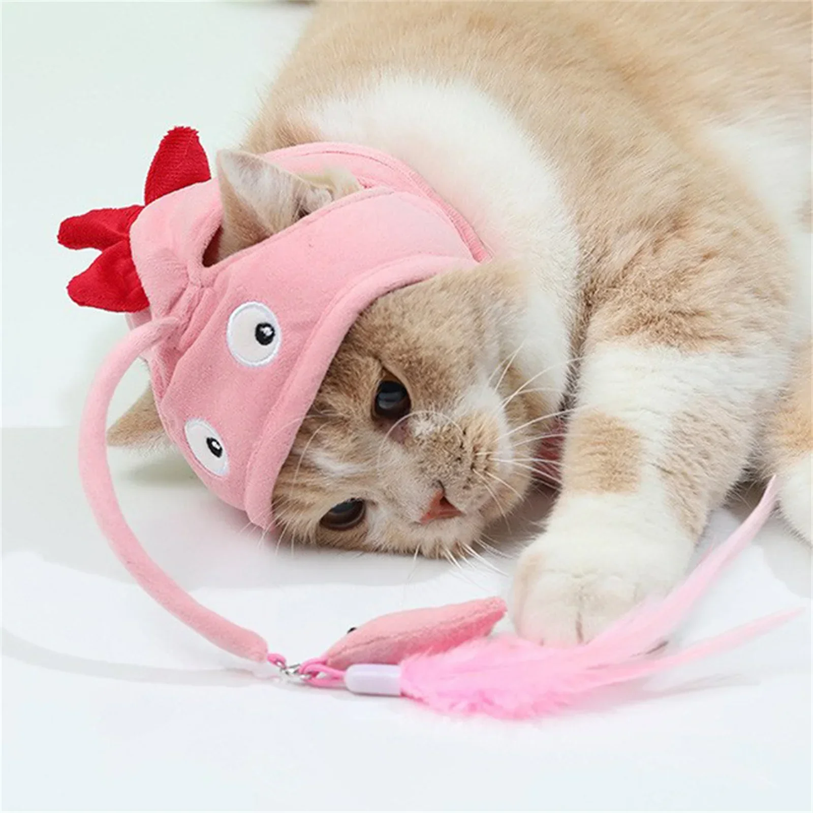 Pet Cat Teaser Toy Head Mounted Cat Headgear Interactive Self-Service Adjustable Size Cat Hat Feather Toy