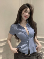 Shirts & Blouses for Women with Short Sleeve Blue Woman Top Crop Button Up Sexy Summer Modern Long High Quality Basic Tunic 2024