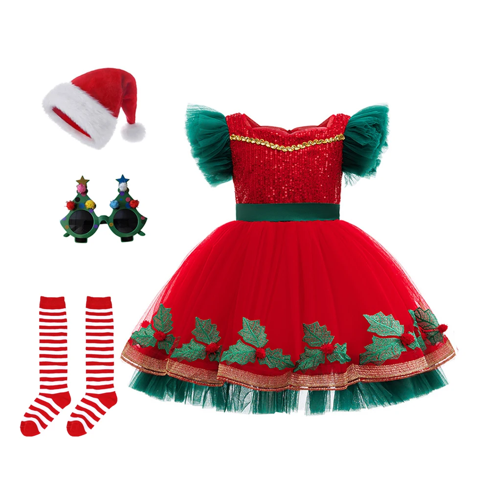

3-10T Autumn Girls Christmas Dresses Baby Sequin Party Princess Dress with hat+striped socks+Glasses Kids Clothes