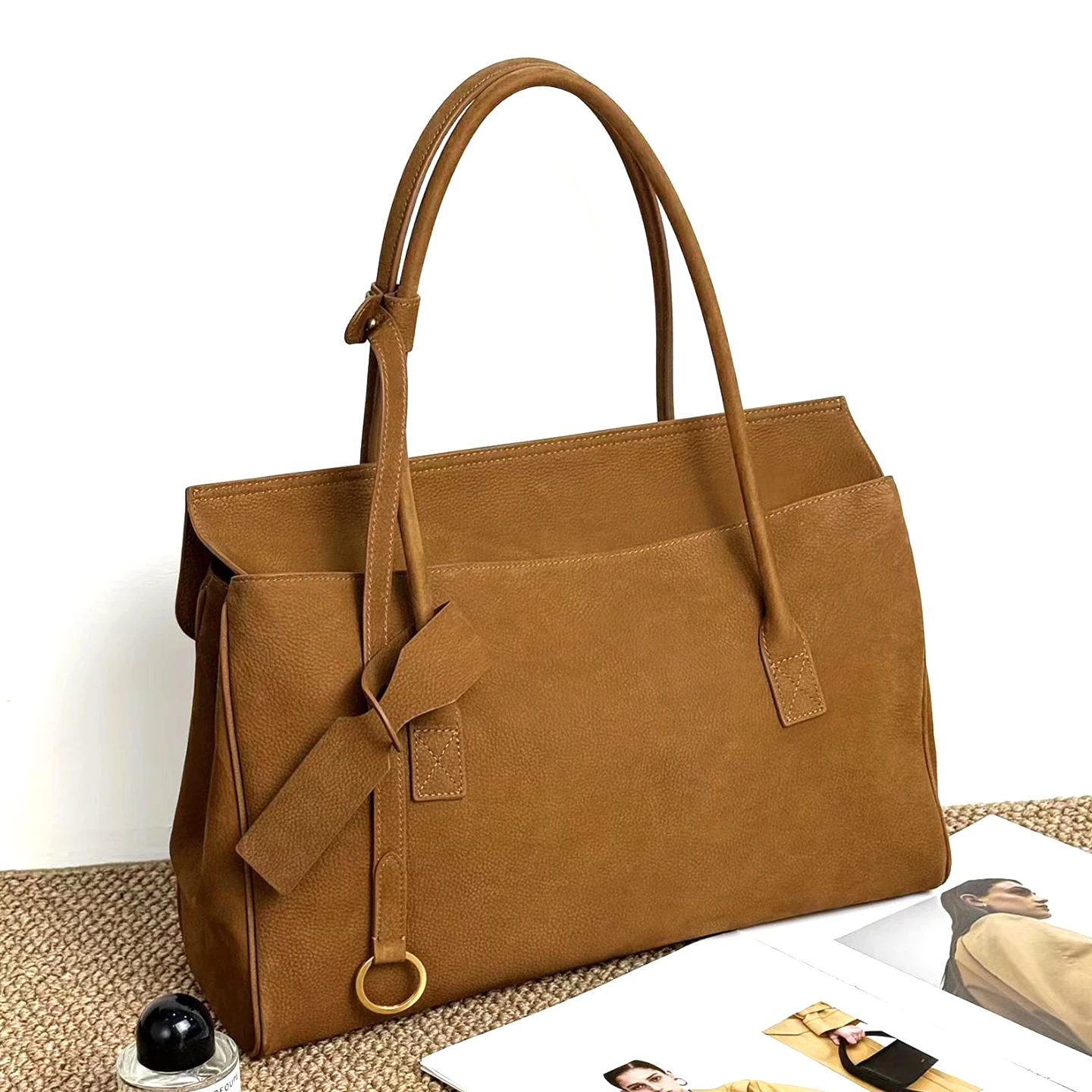 Retro Genuine Leather Handbag 40cm Lychee Patterned Suede Style Tote Bag Woman Large Capacity Top-Grain Leather Vintage