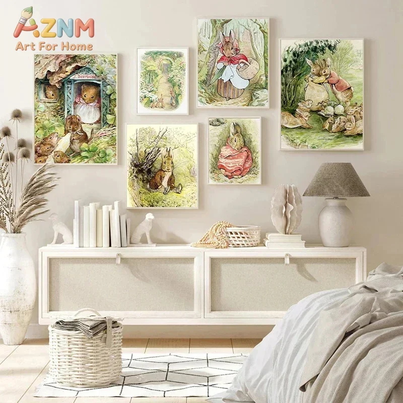 AZNM Beatrix Potter Vintage Mouse & Rabbit Canvas Wall Art, Antique Watercolor Animal Print, Unframed Canvas Painting for Kids N