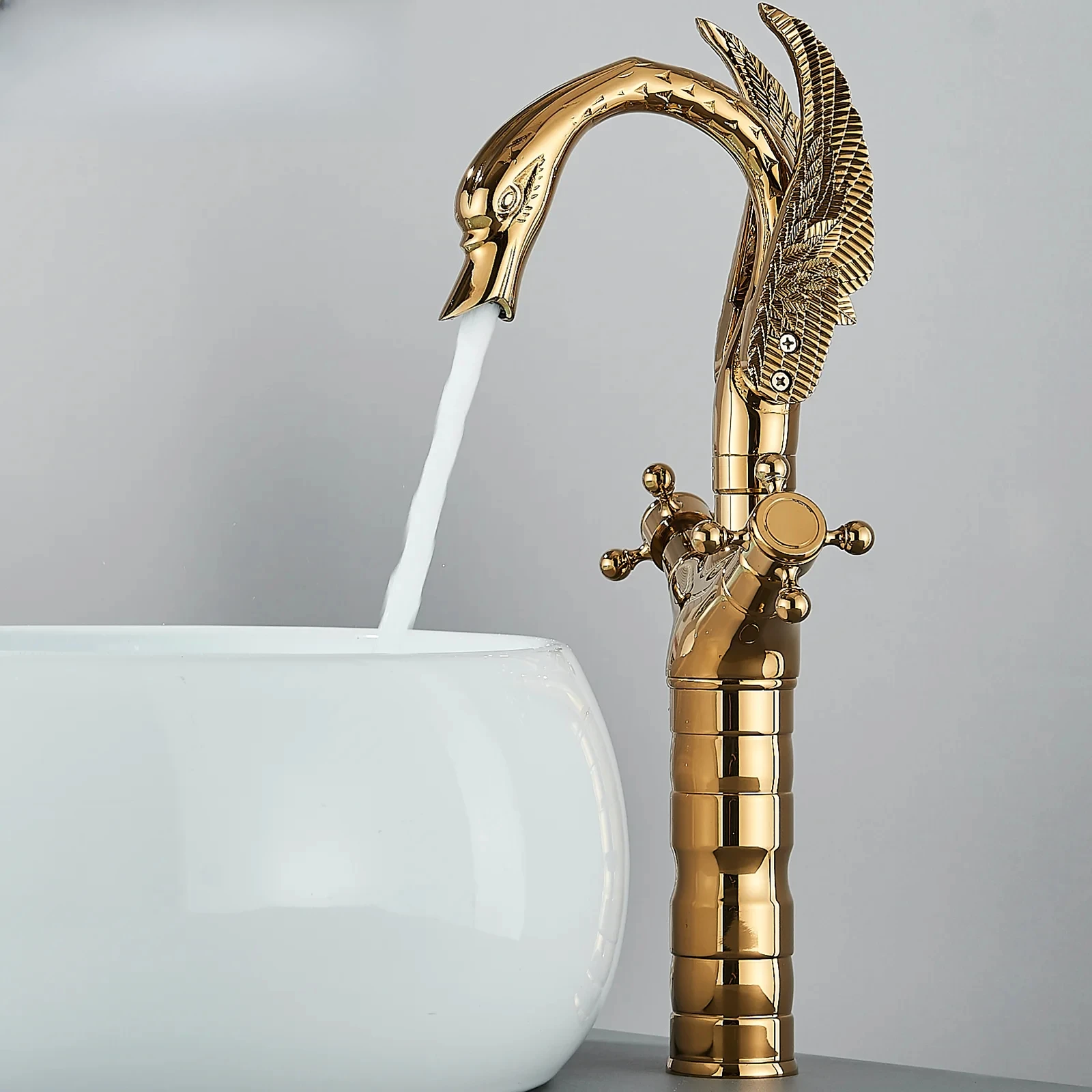 Para lavabo Golden Hotbasin-Robinet En Laiton En Forme D'oiseau Noir, instalación De Pont, Eau Chaude Et Froide, Poignée Pour Touristes