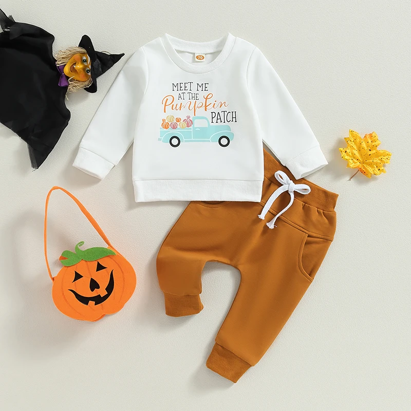 Cute Baby Girl Halloween Outfit Set with Pumpkin Print Long Sleeve Top and Elastic Waist Pants for Infant Autumn 2 Piece Costume